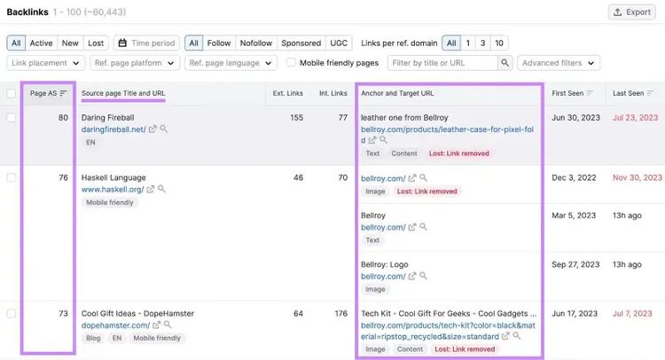 Les colonnes "Page AF" et "Anchor and Target URL" sont mises en évidence dans le rapport "Backlinks".
