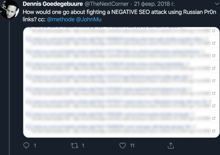 Tweet Dennis Goedgebuure Negative SEO attaque liens