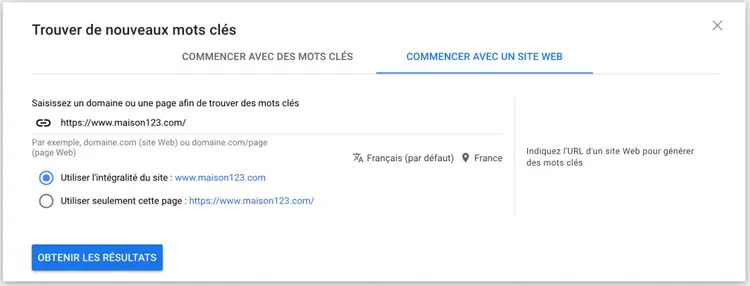Keyword Planner, Onglet Commencer avec un site web