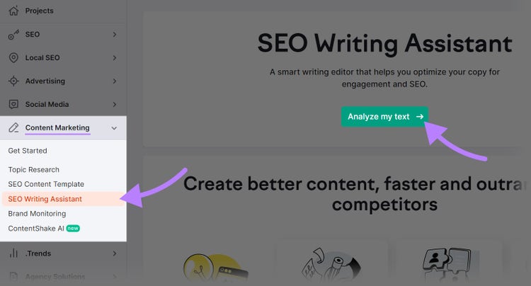 Naviguer vers "Assistant de rédaction SEO" dans le tableau de bord de Semrush