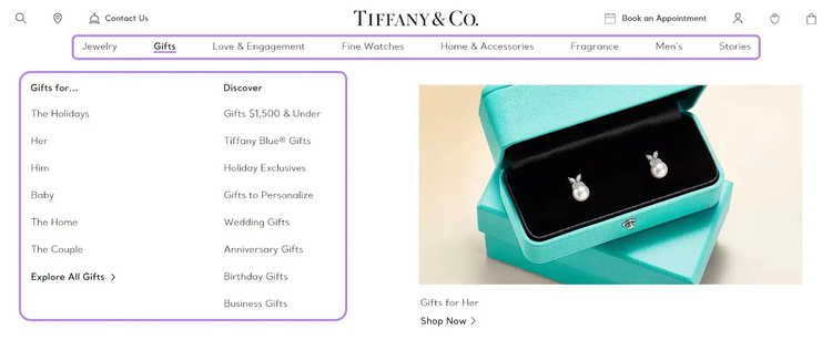 Menus de navigation horizontaux et déroulants sur le site web de Tiffany & Co.