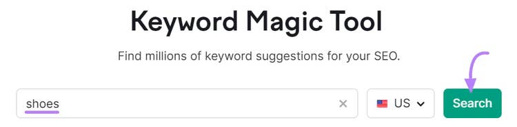 mot-clé "chaussures" entré dans la barre de recherche de l'outil Keyword Magic