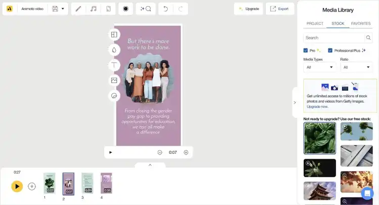 Interface d'Animoto avec une vidéo au centre, options d'édition vidéo en haut et une bibliothèque de médias avec des vidéos de stock à droite.