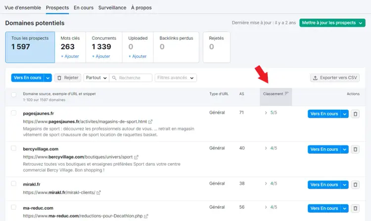 Outil Link Building de Semrush, onglet Prospects