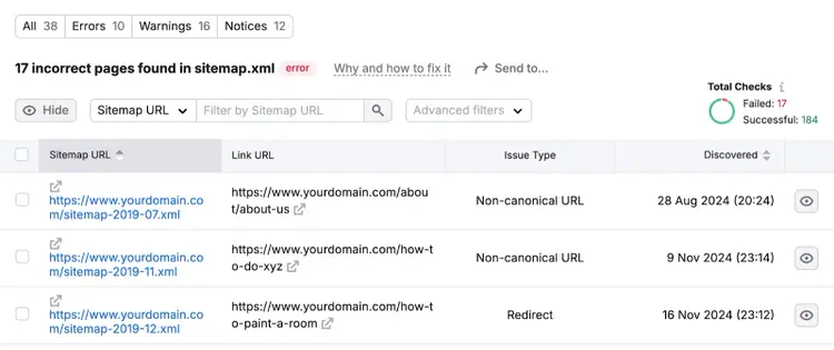 la liste des pages affectées comprend l'URL du sitemap, l'URL du lien et le type de problème
