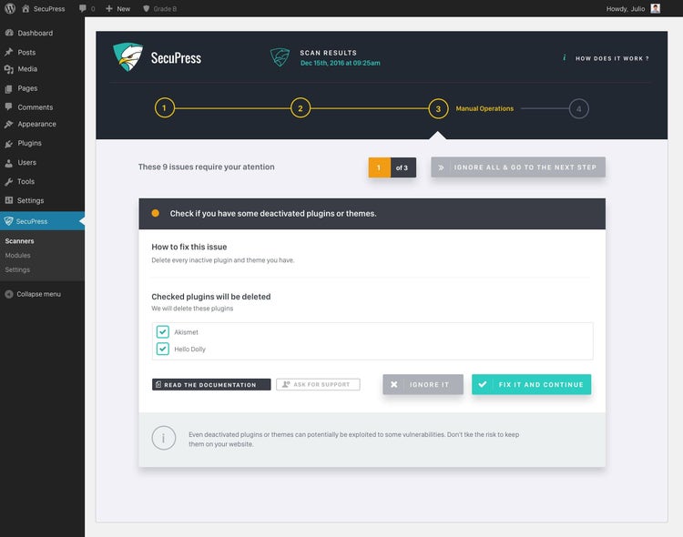 Plugin SecuPress rapport scan sécurité WordPress avec 6 problèmes signalés