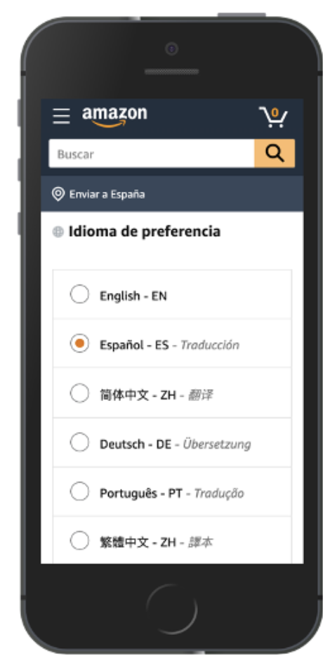Amazon mobile app sélecteur langue préférence utilisateur