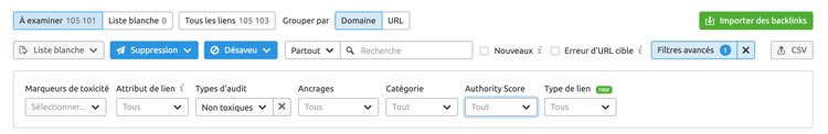Semrush Backlink Audit interface filtrage liens toxiques