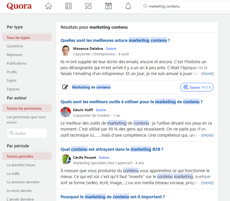 Puiser des idées de contenu dans Quora