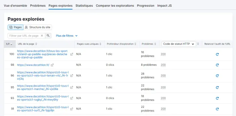 Liste des pages explorées par Audit de site avec un problème potentiel