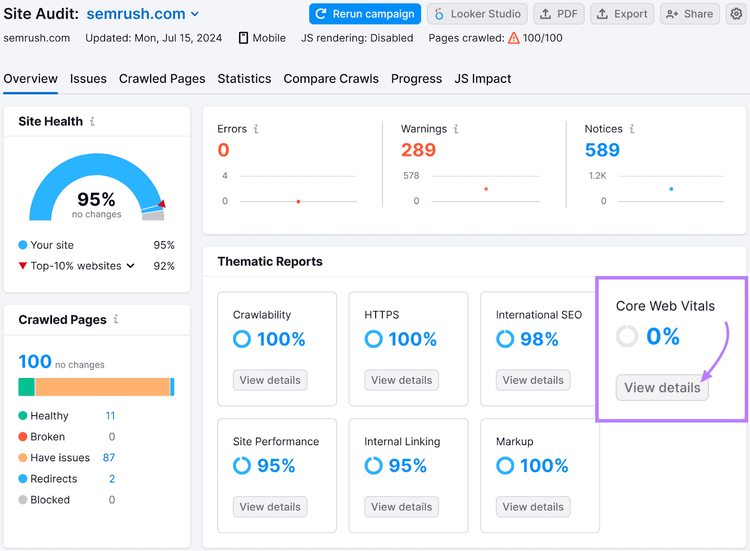 Tableau de bord d'audit de site avec une section « Core Web Vitals » en surbrillance et un bouton « View Details ».