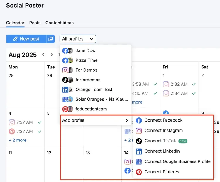 Social Poster Semrush: calendrier août 2025, profils connectés, options publication
