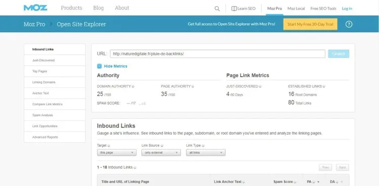 MOZ outil Open Site Explorer liens entrants domaine