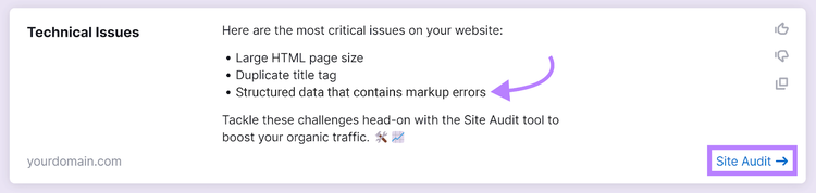 Recommandations des problèmes techniques de Semrush Copilot avec une flèche pointant vers une erreur de données structurées