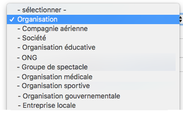 Menu deroulant de selection de type d'organisation avec Organisation selectionnee et autres options