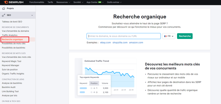 Recherche organique, page d'accueil