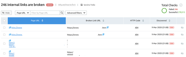 Audit de Site SEMrush - broken links