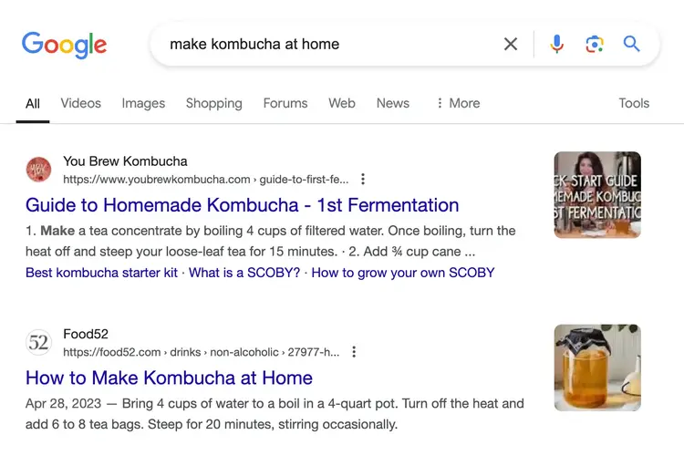 Les résultats de recherche bio présentent deux guides sur la façon de « faire du kombucha à la maison ».