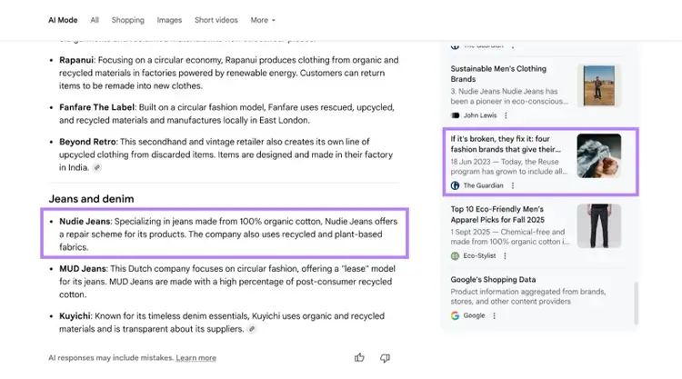 Une réponse concernant le mode IA de Google, mentionnant une marque et mettant en avant l'une des sources.