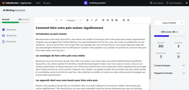AI Writing Assistant de Semrush fournit un article complet ainsi que des suggestions pour l'amélioration du SEO