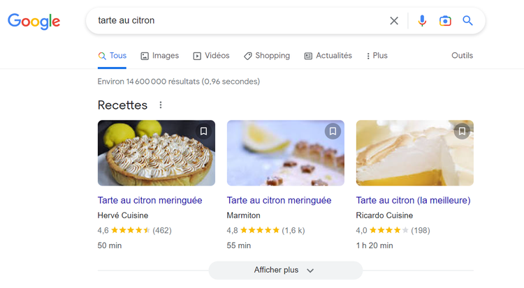 résultats enrichis pour recettes