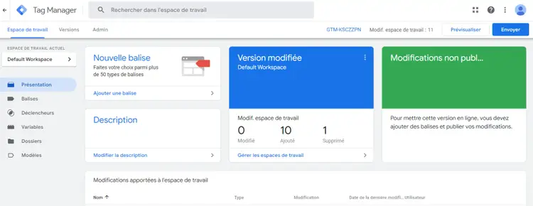 Onglet Présentation de Google Tag Manager