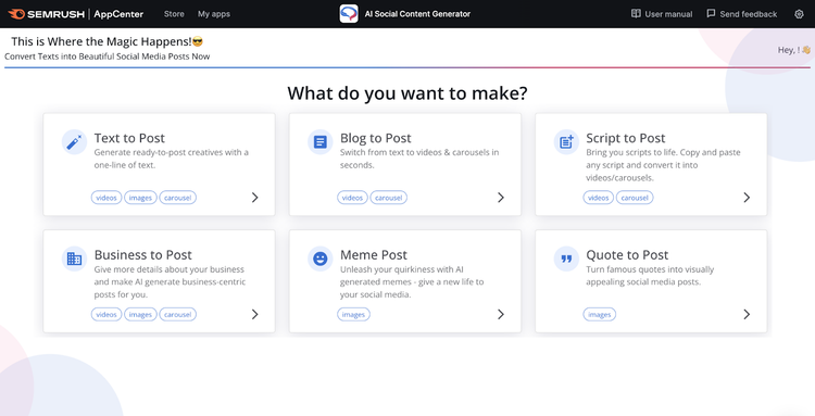 Semrush AI Social Content Generator crear posts blogs scripts
