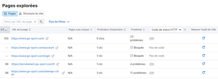 Audit de site de Semrush, rapport Pages explorées