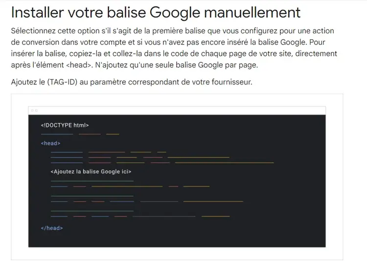 Installer balise Google manuellement