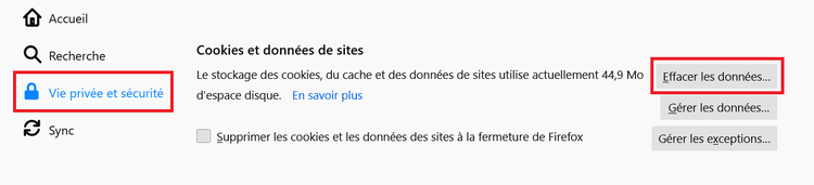 Firefox Cookies et données de sites