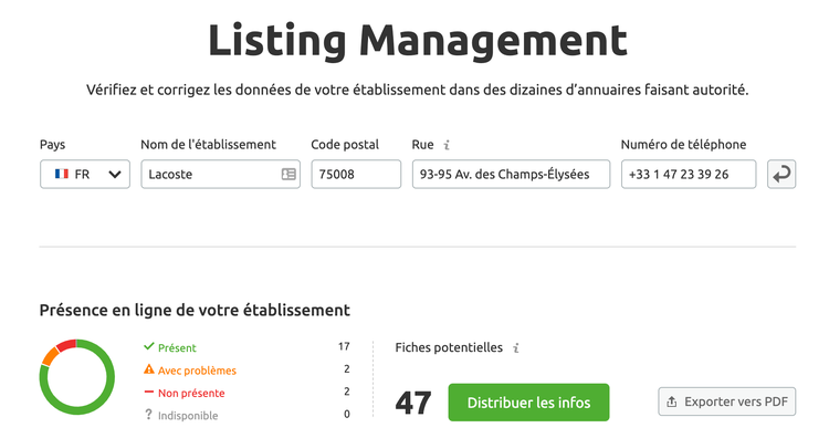 Semrush Listing Management Lacoste France présence 17 fiches potentielles