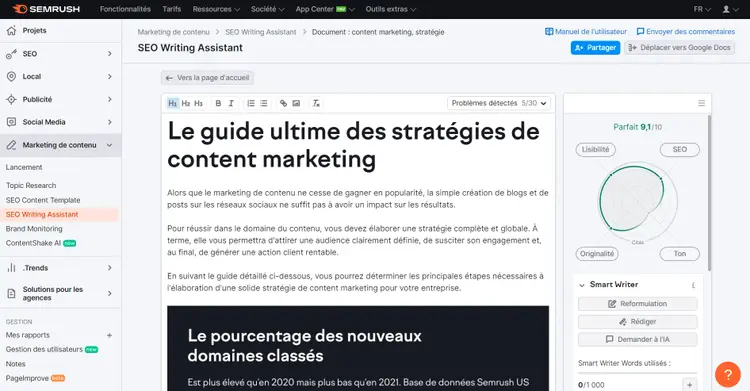 SEO Writing Assistant affiche le contenu produit avec un score SEO