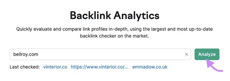 "bellroy.com" entré dans l'outil Backlinks.