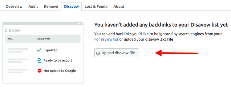 Onglet Disavow de l'outil Backlink Audit avec message et bouton pour telecharger fichier