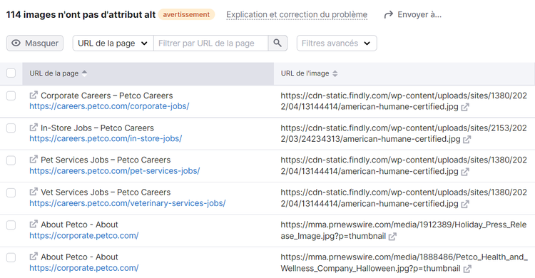 Pages avec des attributs alt manquants relevés par l’Audit de site