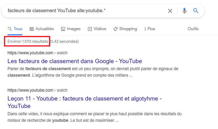 Nombre de résultats sur YouTube