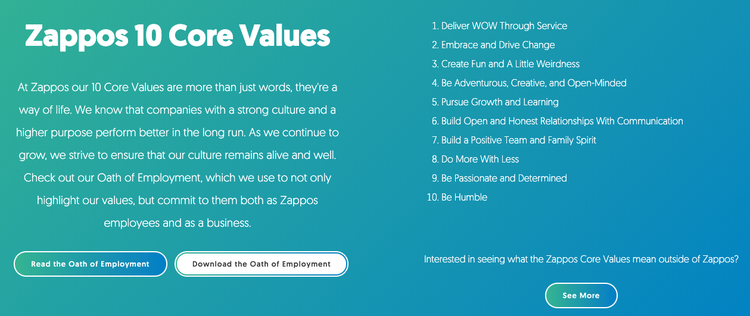 Zappos, ton de voix, valeurs fondamentales