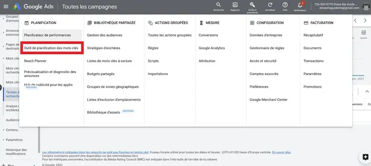 Outils de planification des mots clés dans Google Ads