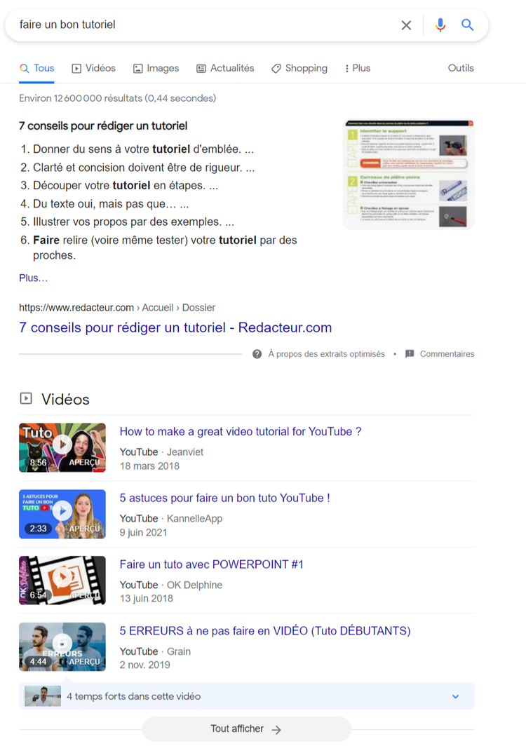 Resultats Google pour faire bon tutoriel avec 7 conseils et videos YouTube tutoriels