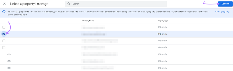 Sélectionne la propriété GSC que tu souhaites connecter à Google Analytics