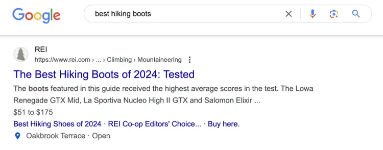 Le meilleur résultat organique de Google pour "meilleures chaussures de randonnée" est REI avec une page intitulée "Les meilleures chaussures de randonnée de 2024 : testées"