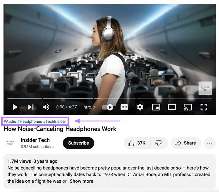 exemple de hashtags #audio #headphones #techinsider pour la vidéo Youtube "How Noise-Canceling Headphones Work".