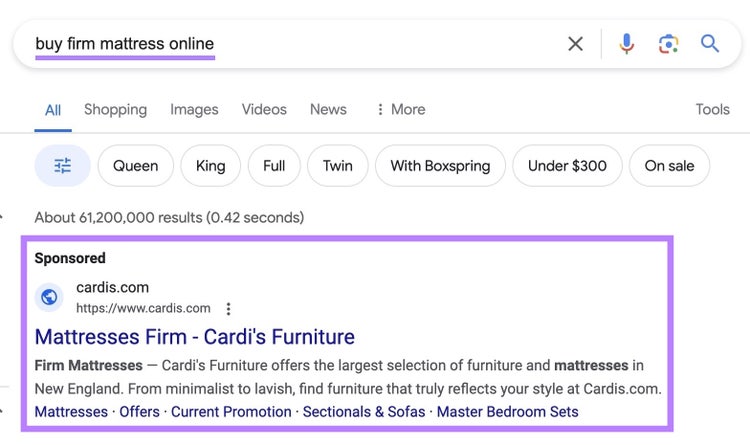 Annonce de recherche Google apparaissant pour la requête "acheter un matelas ferme en ligne".