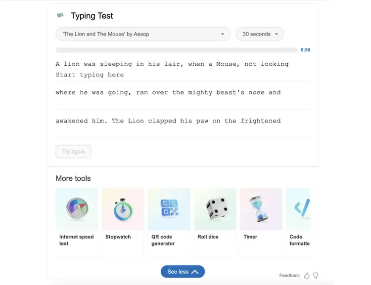 L'outil de test de frappe apparaît avec d'autres outils comme un test de vitesse Internet, un chronomètre, et plus encore.