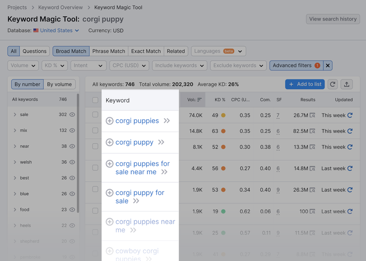 Résultats avec certaines fonctionnalités SERP dans Keyword Magic Tool de Semrush