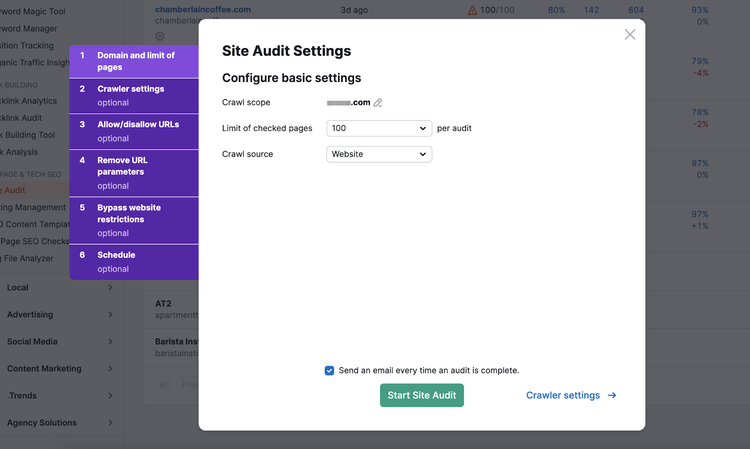 Fenêtre "Paramètres d'audit de site" dans l'outil d'audit de site