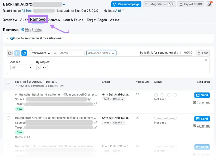 Rapport « Supprimer » dans l'outil d'audit des backlinks