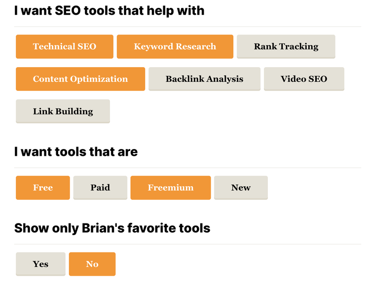 table des matières filtrable d'outils SEO, Backlinko