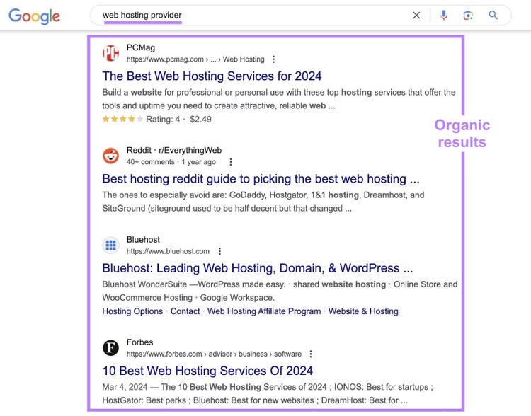 Résultats organiques sur Google serp pour la requête "fournisseur d'hébergement web".