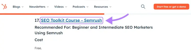 Lien de HubSpot vers un cours de Semrush